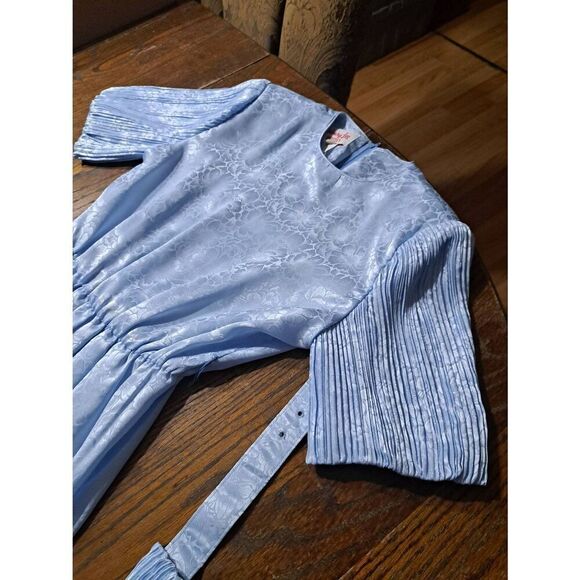 Vintage 4P Henry Lee Petite Light Blue Jacquard Dress Belt Short Pleated Sleeves - Picture 3 of 6